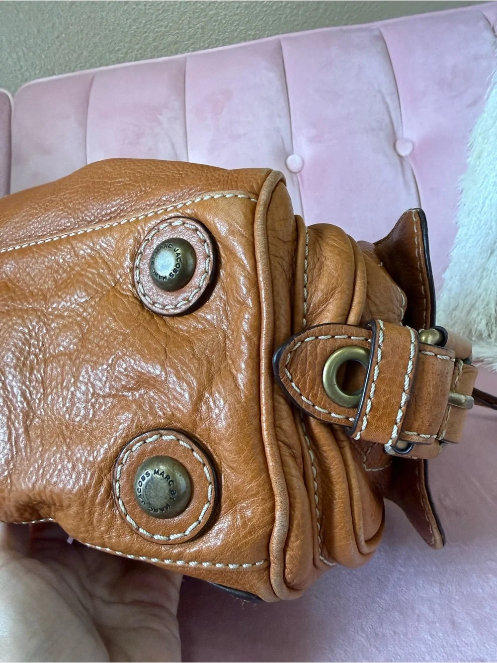 Auth!MarcBy Marc Jacobs ALINE Cognac Brown Leather Handbag Antique Gold Hardware